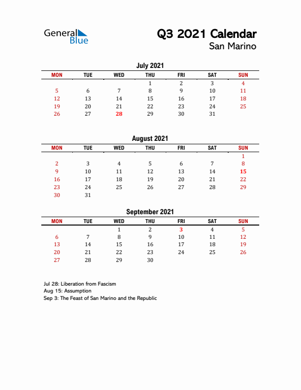 2021 Q3 Calendar with Holidays List for San Marino