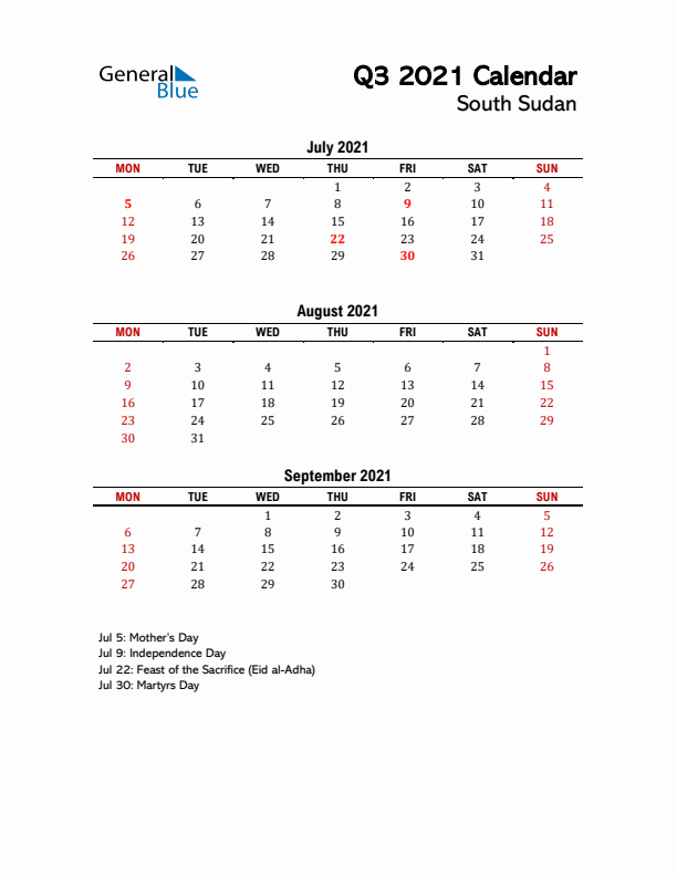 2021 Q3 Calendar with Holidays List for South Sudan