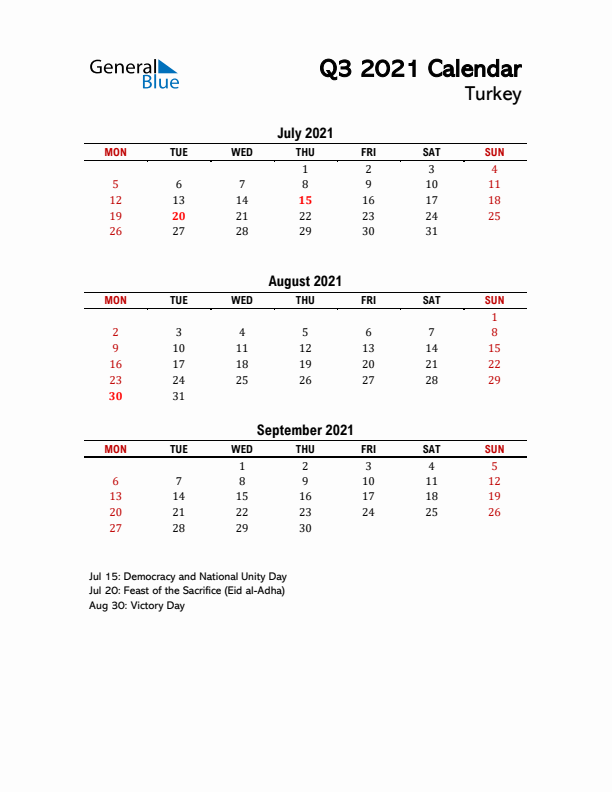 2021 Q3 Calendar with Holidays List for Turkey