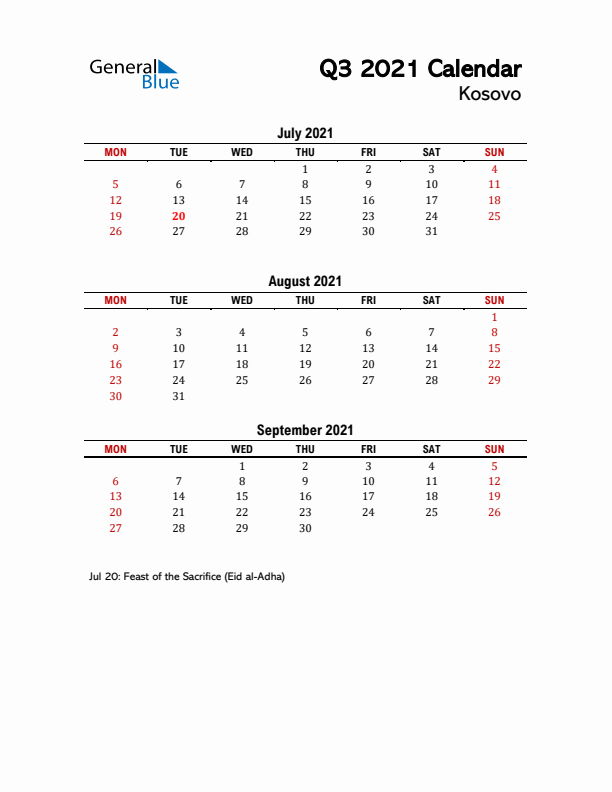 2021 Q3 Calendar with Holidays List for Kosovo