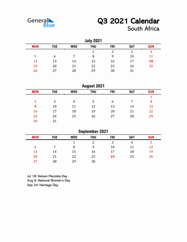 2021 Q3 Calendar with Holidays List for South Africa