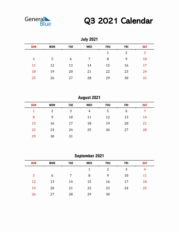 2021 Q3 Calendar with Red Weekend