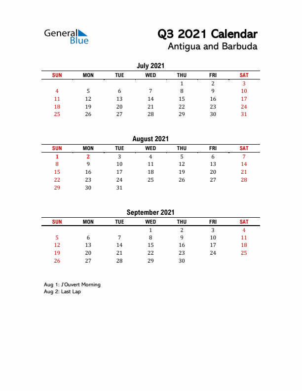 2021 Q3 Calendar with Holidays List for Antigua and Barbuda