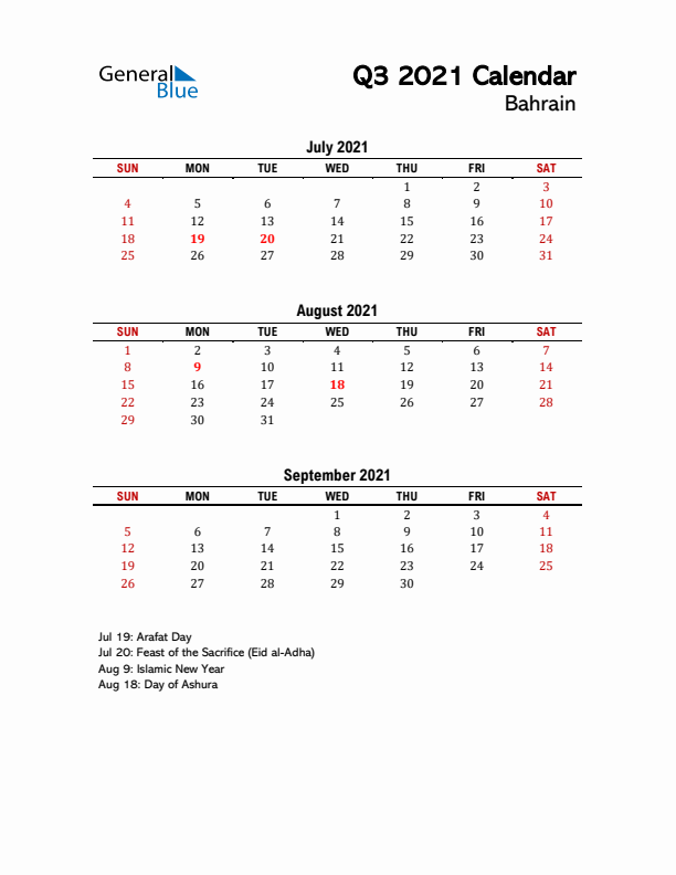 2021 Q3 Calendar with Holidays List for Bahrain