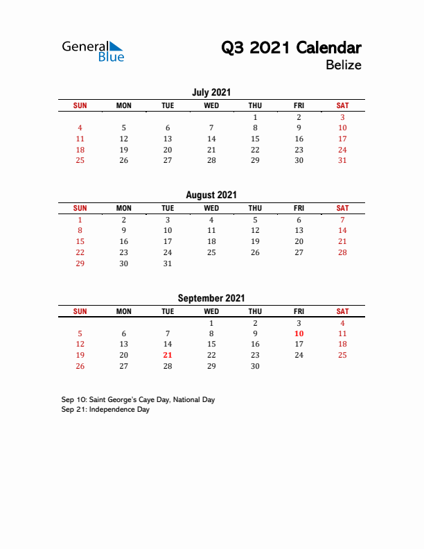 2021 Q3 Calendar with Holidays List for Belize