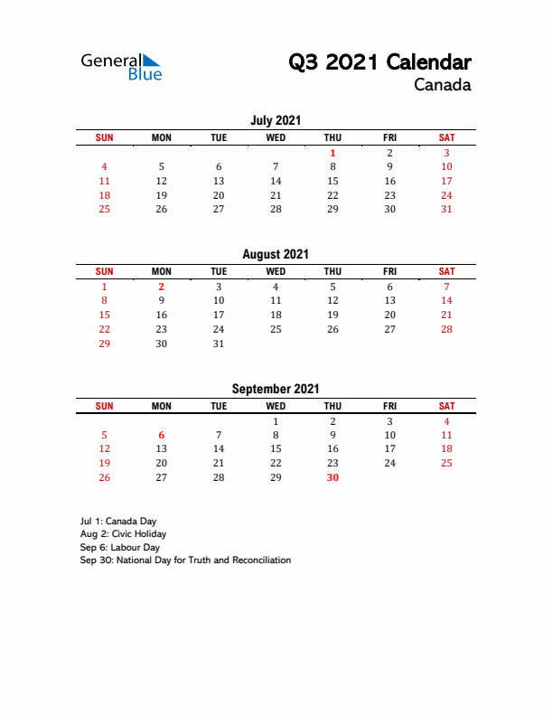 2021 Q3 Calendar with Holidays List for Canada