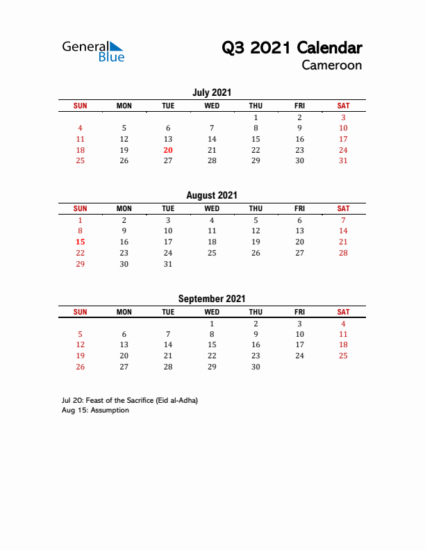 2021 Q3 Calendar with Holidays List for Cameroon