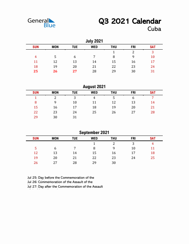 2021 Q3 Calendar with Holidays List for Cuba