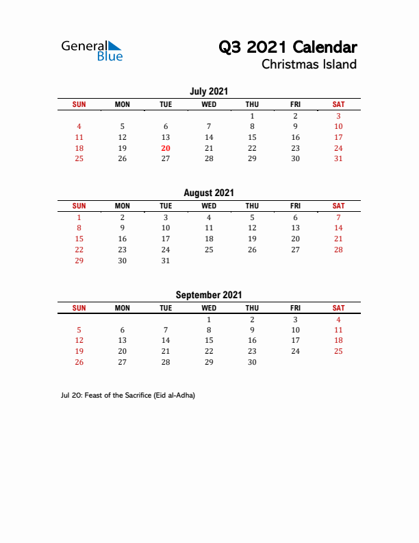 2021 Q3 Calendar with Holidays List for Christmas Island