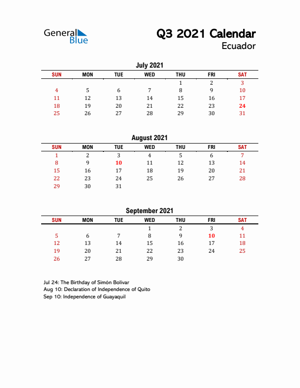 2021 Q3 Calendar with Holidays List for Ecuador