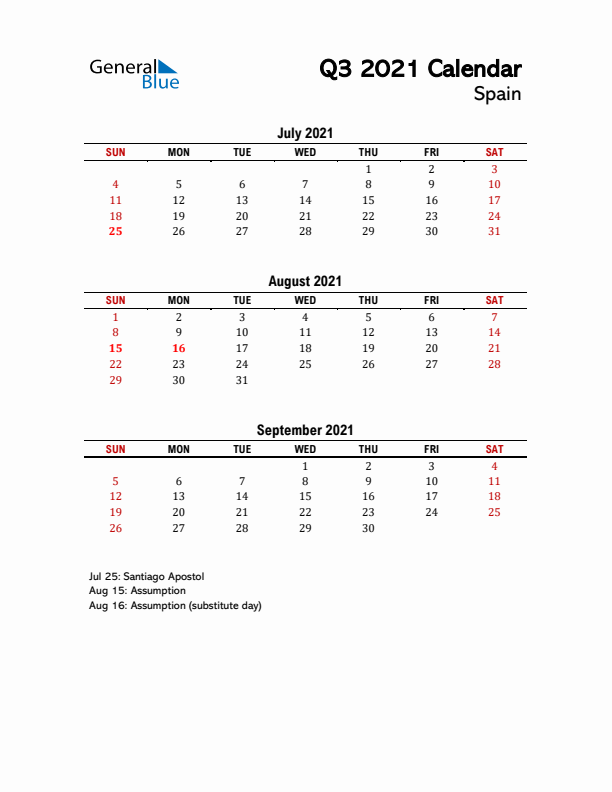 2021 Q3 Calendar with Holidays List for Spain