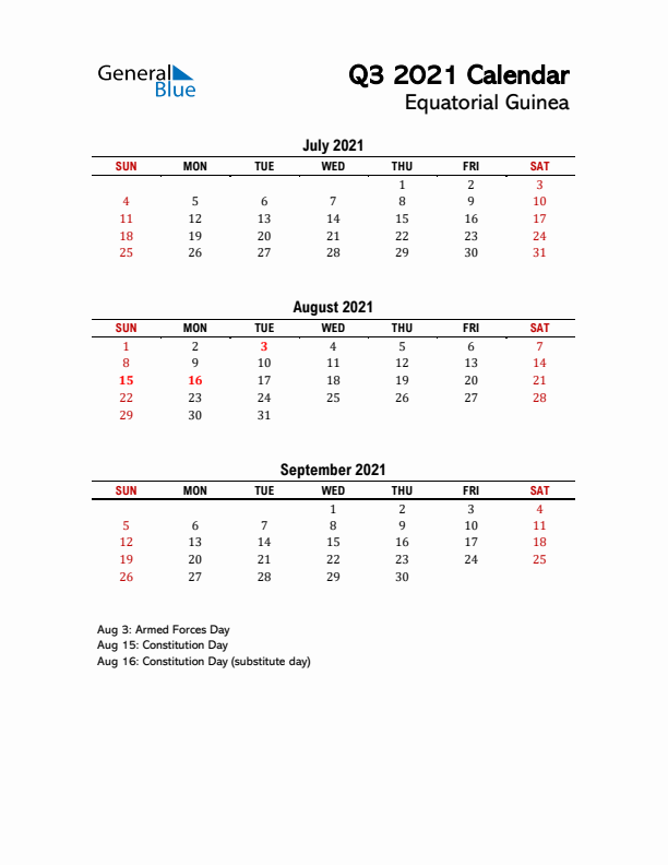 2021 Q3 Calendar with Holidays List for Equatorial Guinea