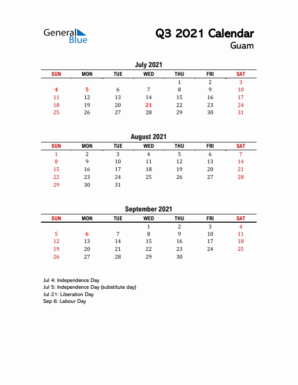 2021 Q3 Calendar with Holidays List for Guam