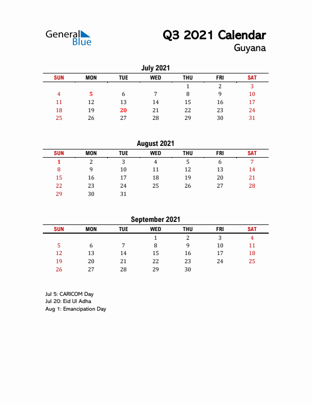 2021 Q3 Calendar with Holidays List for Guyana