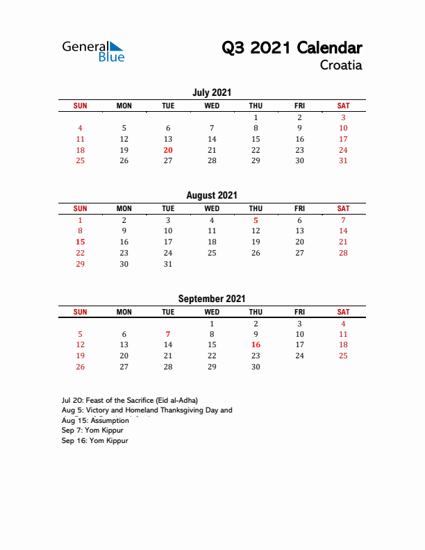 2021 Q3 Calendar with Holidays List for Croatia