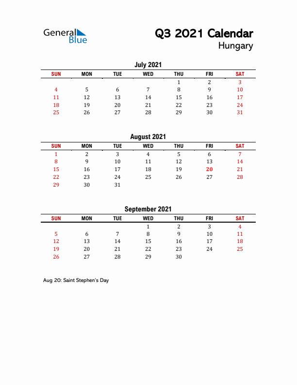 2021 Q3 Calendar with Holidays List for Hungary