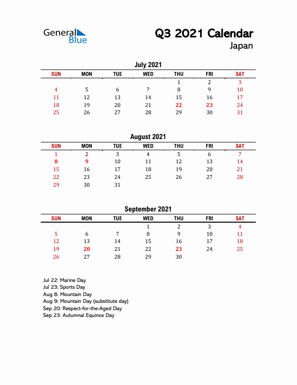 2021 Q3 Calendar with Holidays List for Japan