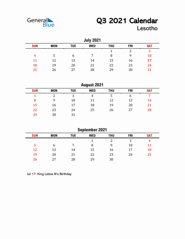 2021 Q3 Calendar with Holidays List for Lesotho