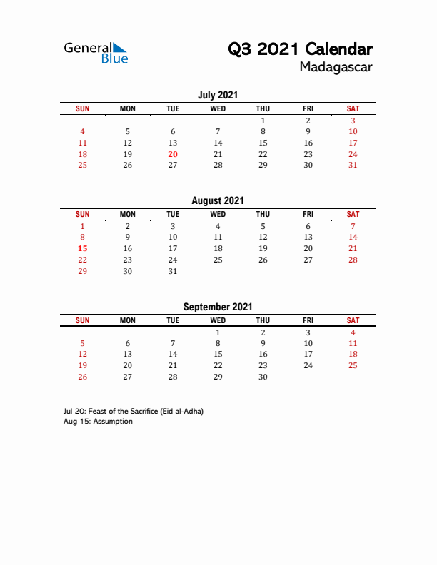 2021 Q3 Calendar with Holidays List for Madagascar