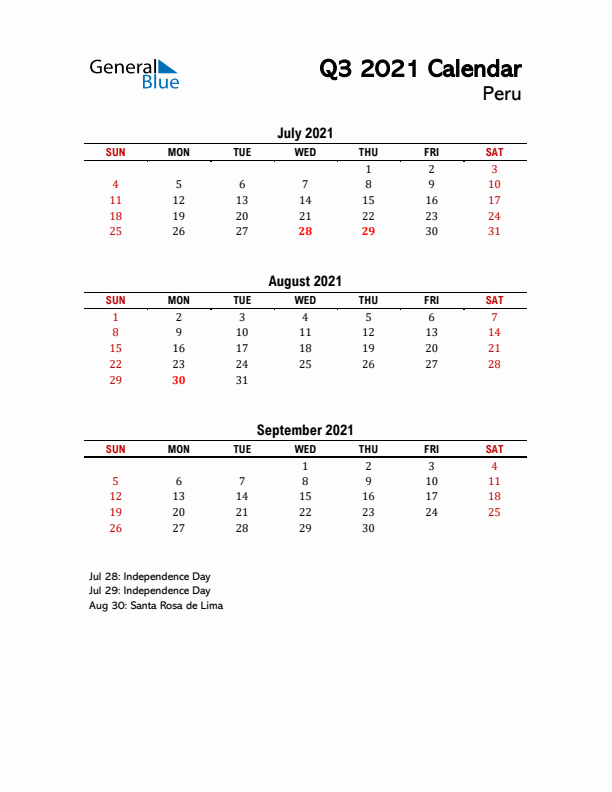 2021 Q3 Calendar with Holidays List for Peru