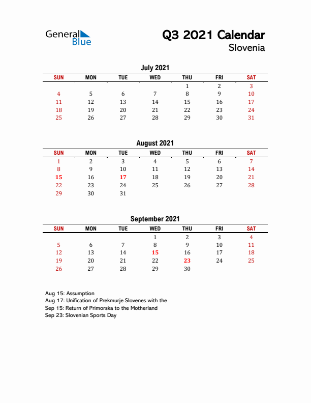 2021 Q3 Calendar with Holidays List for Slovenia