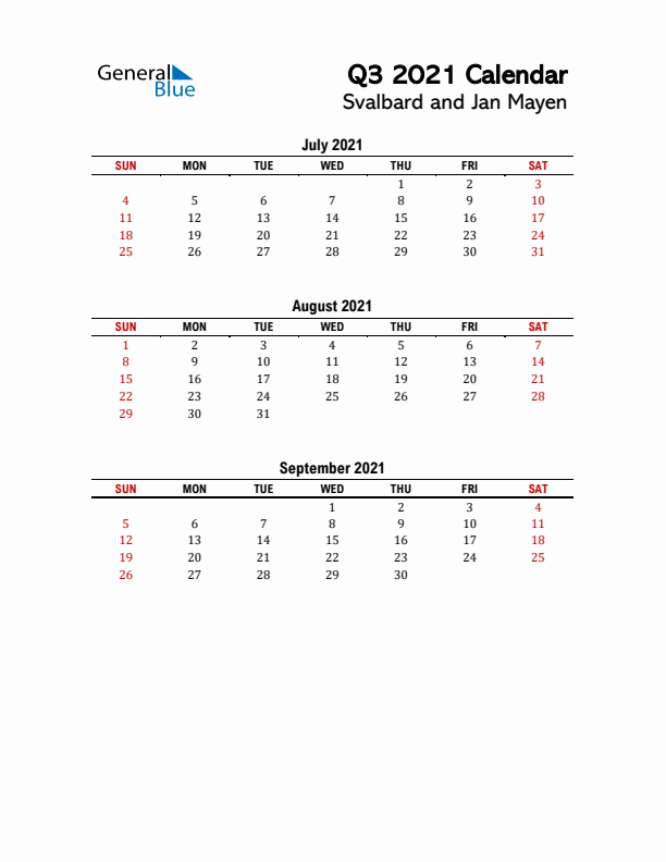 2021 Q3 Calendar with Holidays List for Svalbard and Jan Mayen