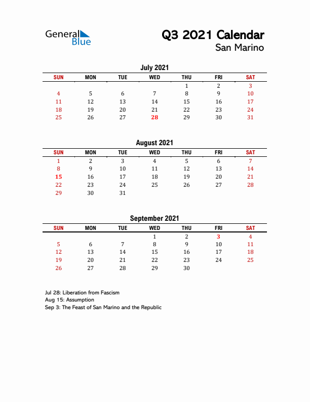 2021 Q3 Calendar with Holidays List for San Marino