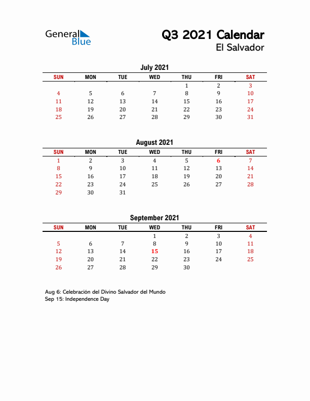 2021 Q3 Calendar with Holidays List for El Salvador