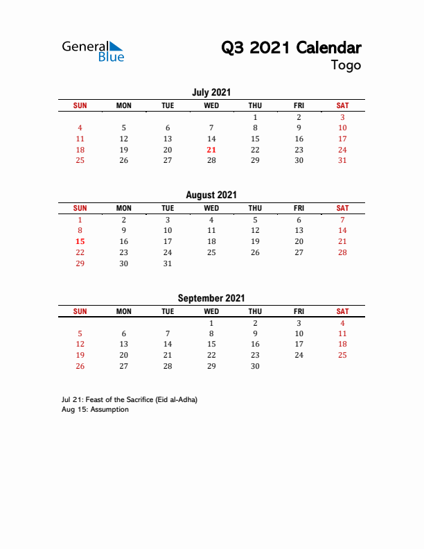 2021 Q3 Calendar with Holidays List for Togo