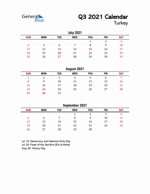 2021 Q3 Calendar with Holidays List for Turkey