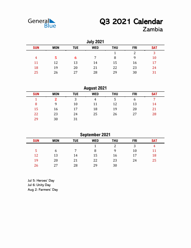 2021 Q3 Calendar with Holidays List for Zambia