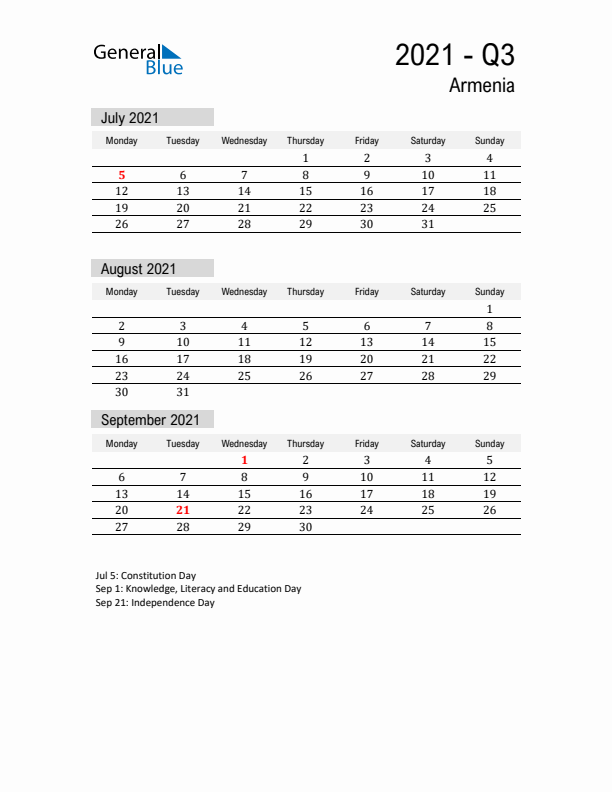 Armenia Quarter 3 2021 Calendar with Holidays