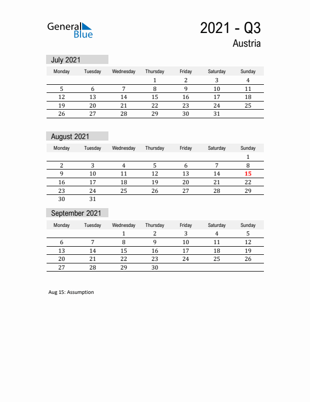 Austria Quarter 3 2021 Calendar with Holidays