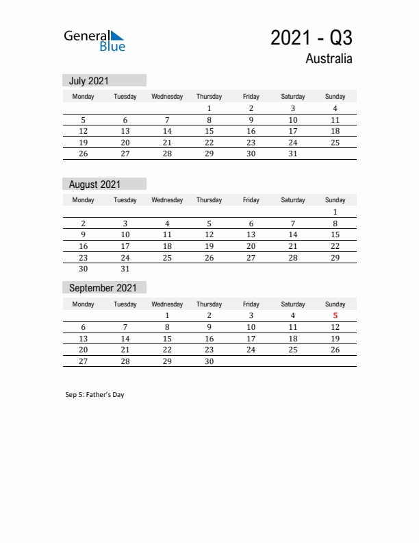 Australia Quarter 3 2021 Calendar with Holidays