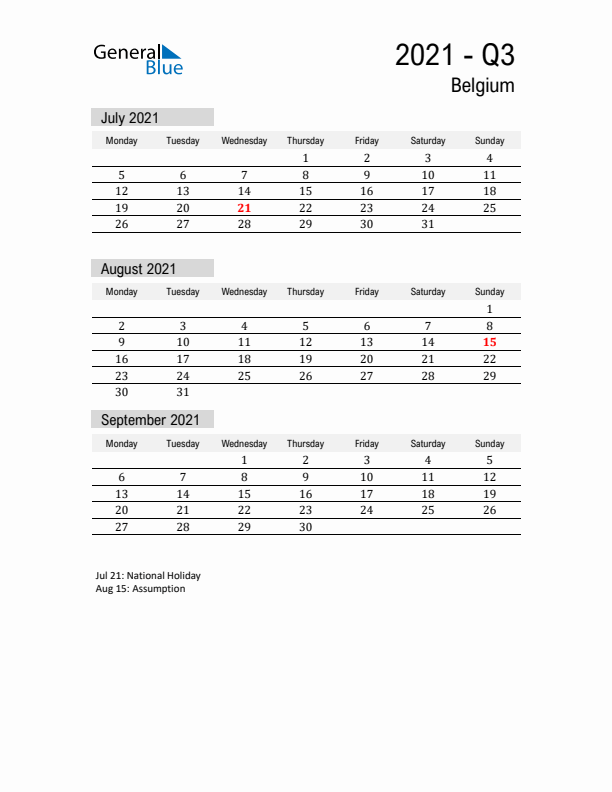 Belgium Quarter 3 2021 Calendar with Holidays