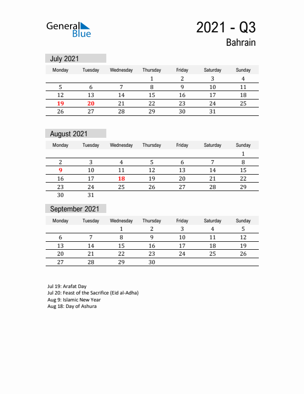 Bahrain Quarter 3 2021 Calendar with Holidays