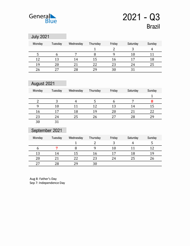 Brazil Quarter 3 2021 Calendar with Holidays