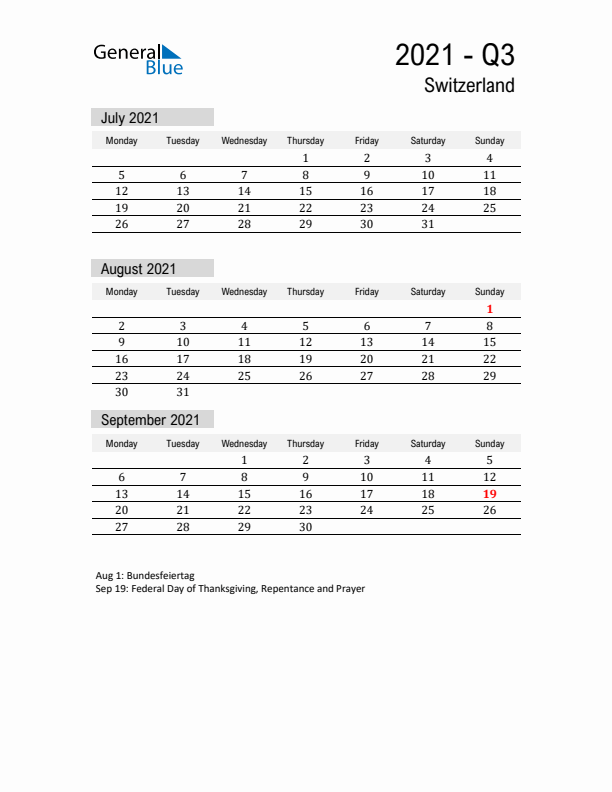 Switzerland Quarter 3 2021 Calendar with Holidays