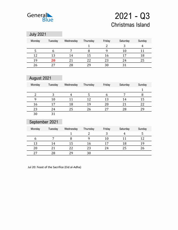 Christmas Island Quarter 3 2021 Calendar with Holidays
