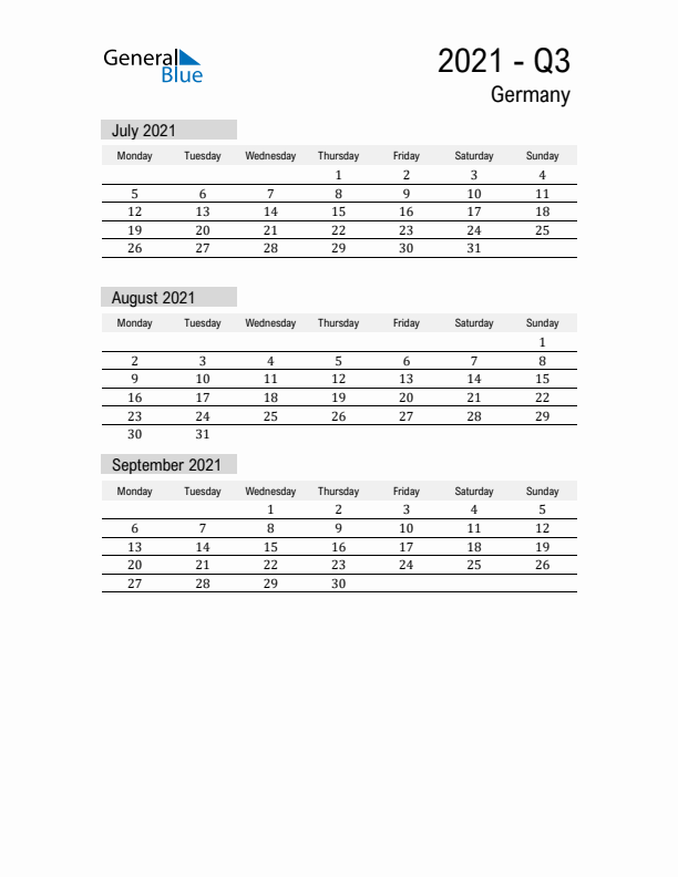 Germany Quarter 3 2021 Calendar with Holidays