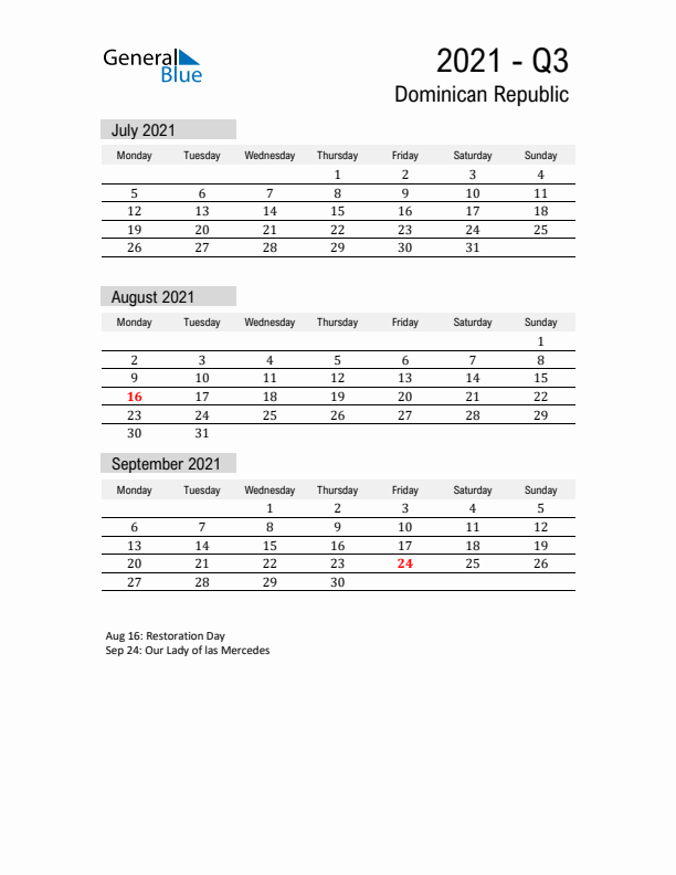 Dominican Republic Quarter 3 2021 Calendar with Holidays