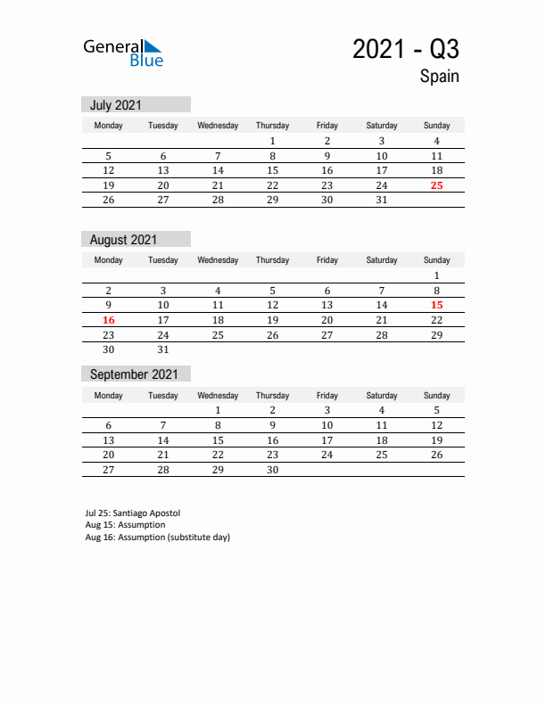 Spain Quarter 3 2021 Calendar with Holidays