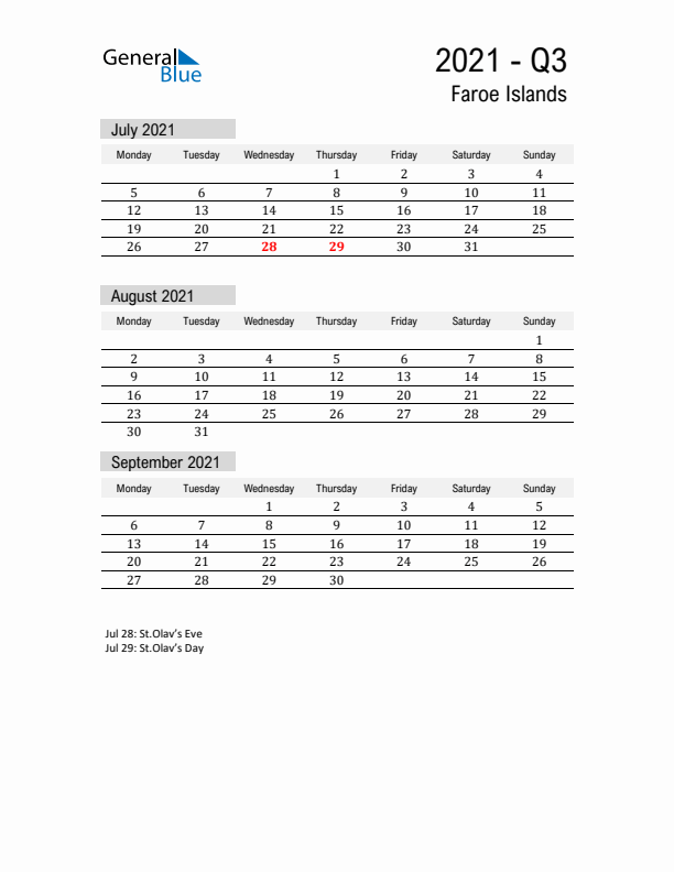 Faroe Islands Quarter 3 2021 Calendar with Holidays