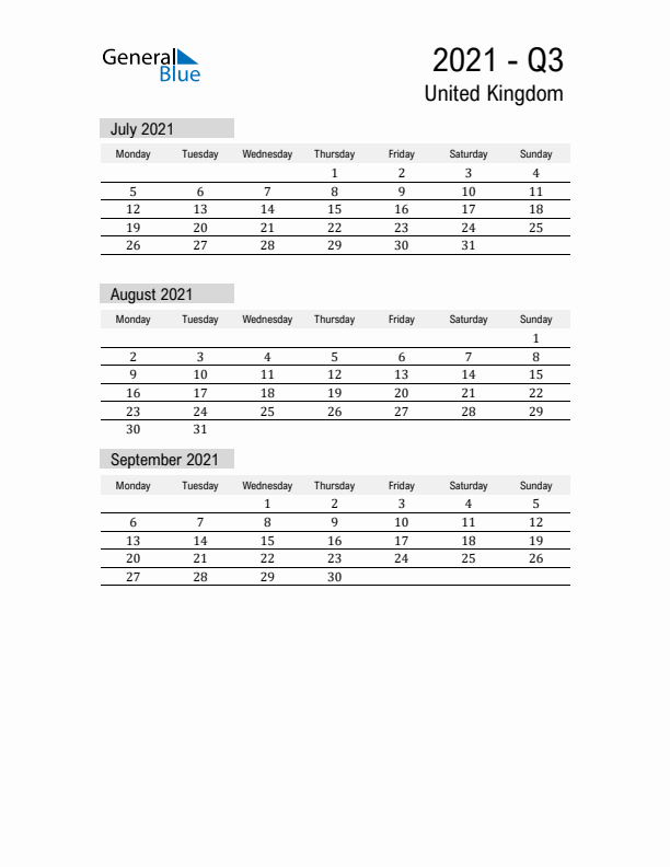 United Kingdom Quarter 3 2021 Calendar with Holidays