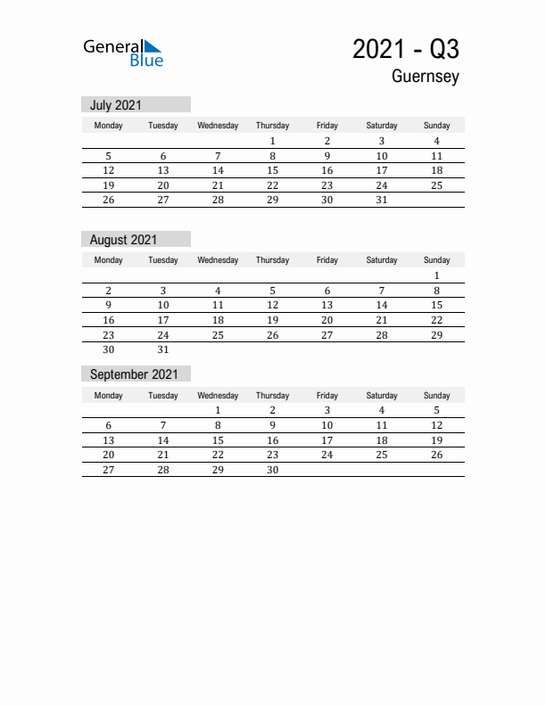 Guernsey Quarter 3 2021 Calendar with Holidays