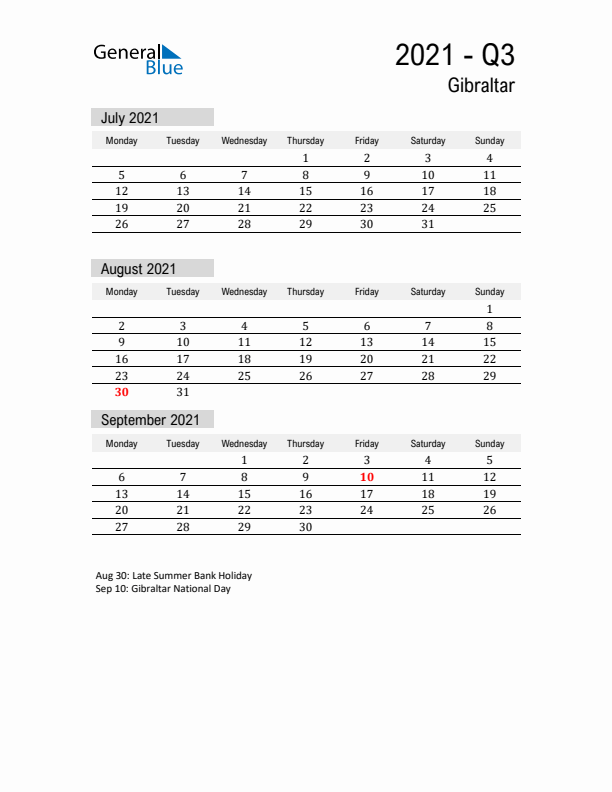 Gibraltar Quarter 3 2021 Calendar with Holidays