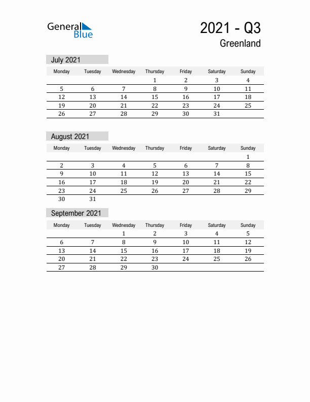 Greenland Quarter 3 2021 Calendar with Holidays