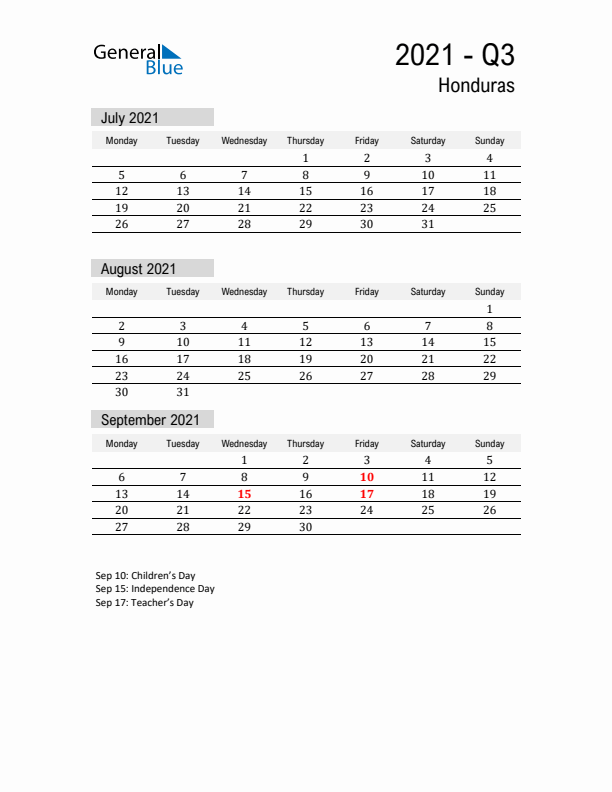 Honduras Quarter 3 2021 Calendar with Holidays