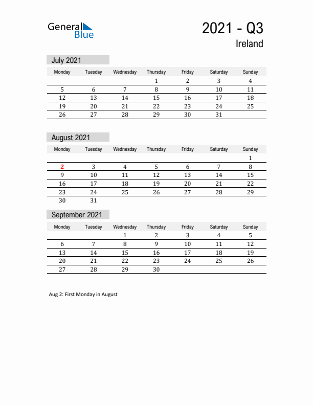 Ireland Quarter 3 2021 Calendar with Holidays