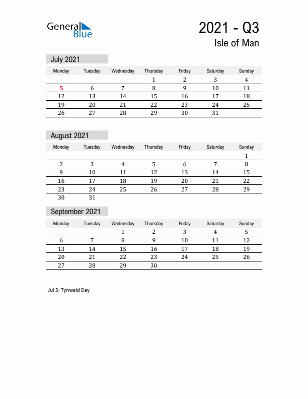 Isle of Man Quarter 3 2021 Calendar with Holidays